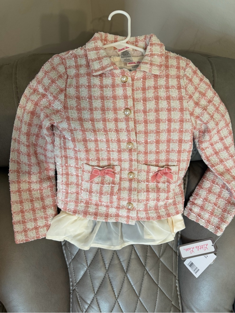 Little Lass Pink and White Check Tweed Jacket with Pearl Buttons